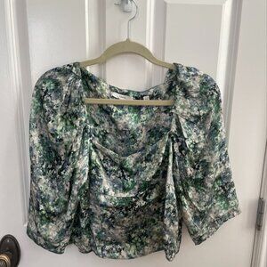 Vince Silk Floral Blouse Green Watercolor Print Draped Neck Puff Sleeve Top